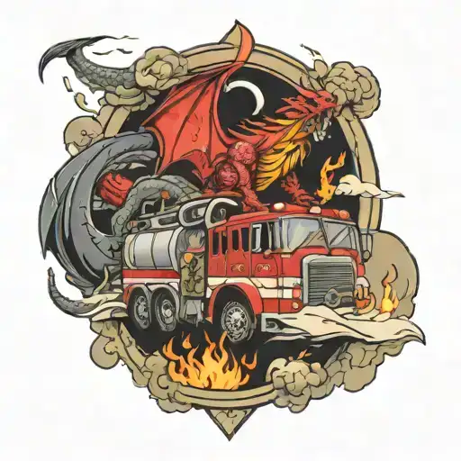 Firetruck Being By A Dragon Over A Valcano