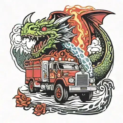 Firetruck Being By A Dragon With Valcano