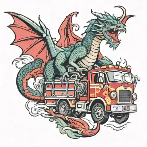 Firetruck Being Held By A Dragon With Valcano
