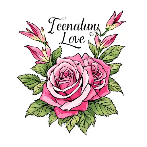 Love Written With Roses And Pink Lilles Surrounding It