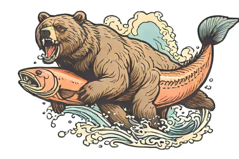 Bear Eating A Salmon Jumping