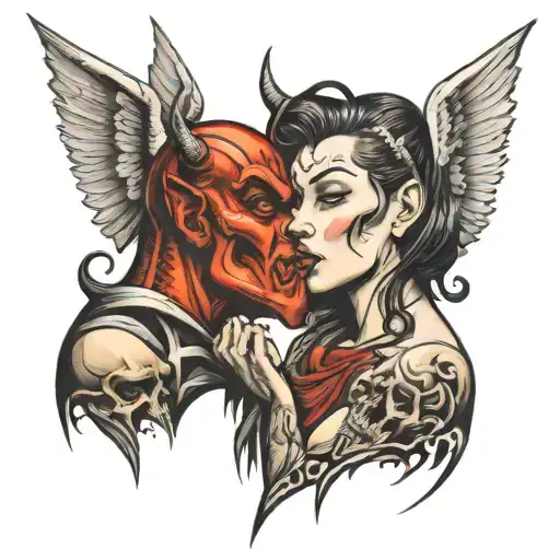Devil And Angel Whispering Behind Ear