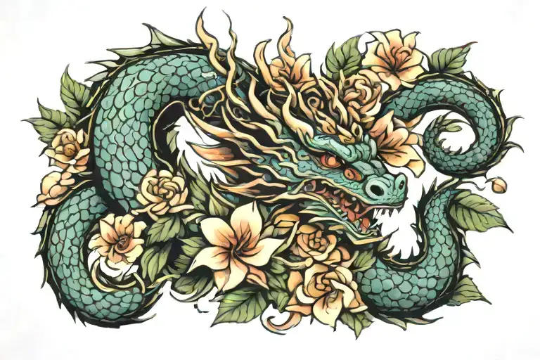 Euopean Syle Dragon Wrapped With Flowers And Leaves Syrrounding It