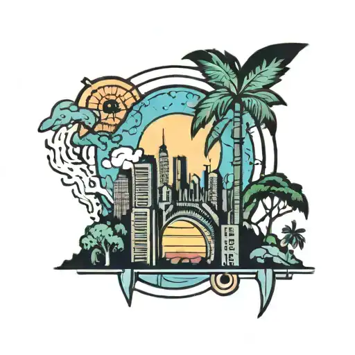 A Disco Biscuits Symbol With A Skyline On One Side And Jungle Shadows On The Other