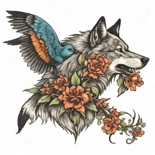 Wolf Touching Noses With Hummingbird Perched