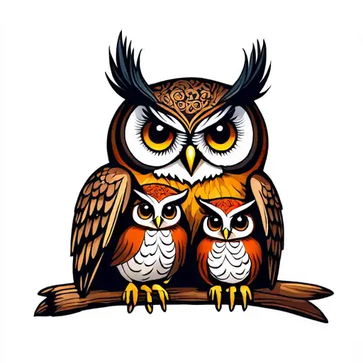 Traditional Mama Owl With Two Babies
