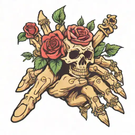 Hand Tattoo With Rose And Skeleton Fingers That Say Grind For Everything