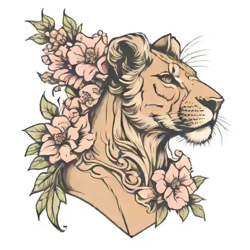 A Bust Of A Female Lioness Seen From The Side Surrounded By Pink Flowers