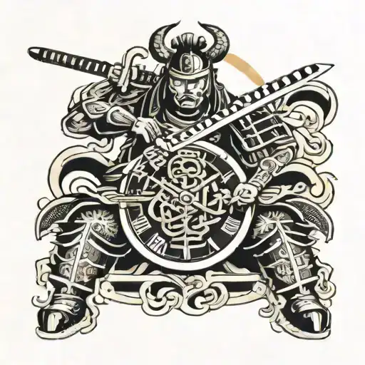 Samurai Warrior Upper A Clock And Music Symbol Intertwined