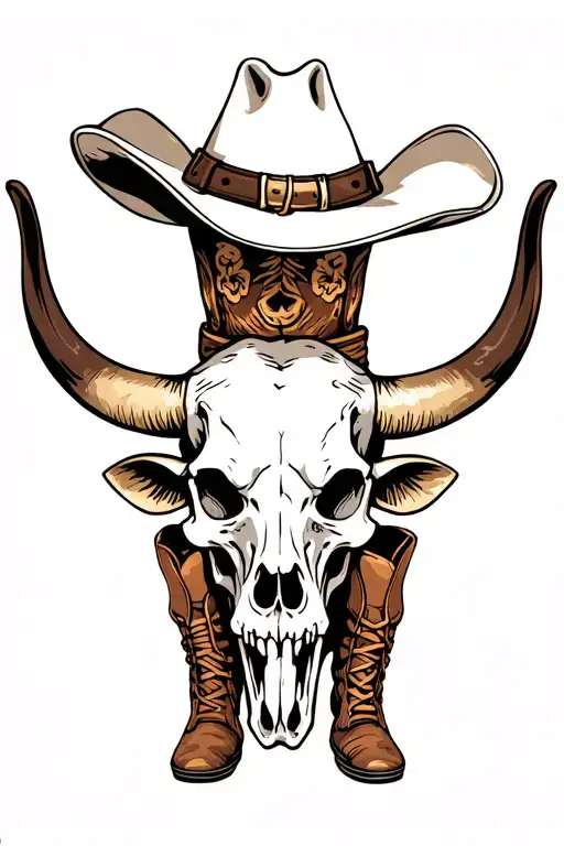 Skull With A Cowboy Hat With A Longhorn Cow Skull And Cowboy Boots