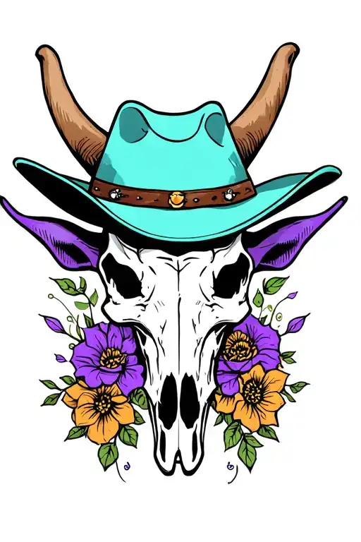 Longhorn Skull Wearing A Teal And Purple Cowboy Hat