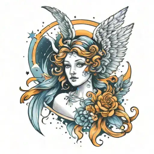 Angel And Space Picture Mix Tattoo Design