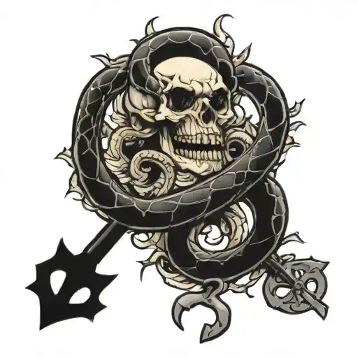 Black Snake Wrapped Around Skeleton Key