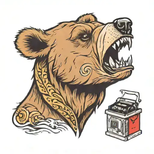 A Bear With An Automat In A Mouth Open Looking
