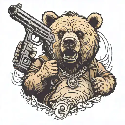 A Bear With A Gun In A Mouth Open Looking Forward