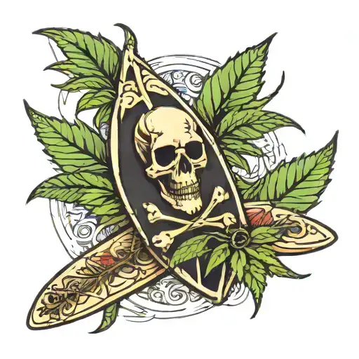 Skeleton Surfboard Cannabis Leaf Intertwined