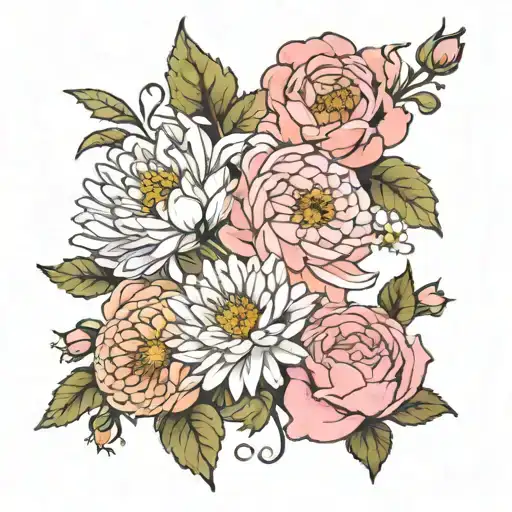 3 Sisters Tattoo Vined Flowers Of Rose Honeysucke Chrysanthemum Carnation Snow Drop