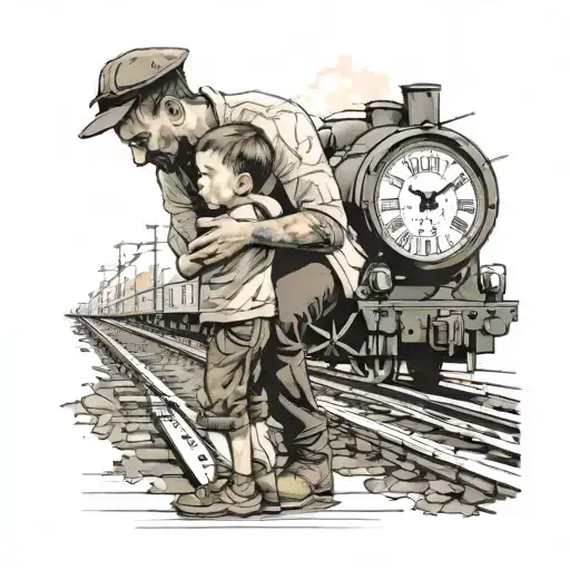 Father Hugging 3 Yr Old Son On Railraod Tracks With A Clock In Back Ground