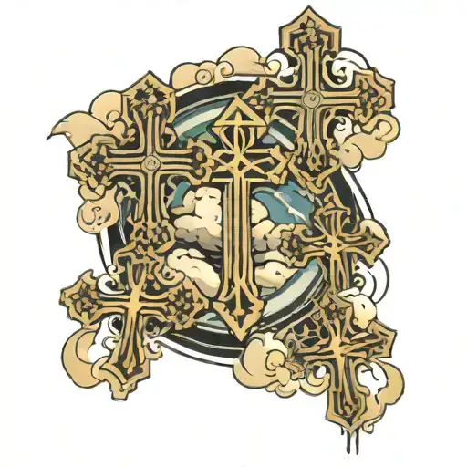 Trinity Crosses Coming Out Of Water But With Clouds