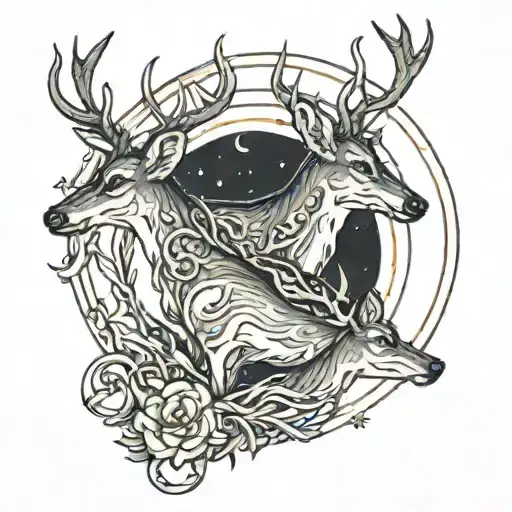 Three Connected Deer In Front Of A Moon With A Bite Out Of The Edge