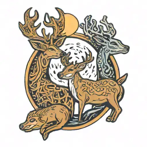 Three Connected Deer In Front Of A Moon Cookie With A Bite Out Of The Edge