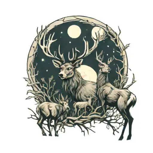 Three Deer In Front Of A Moon With A Large Bite Out Of The Edge