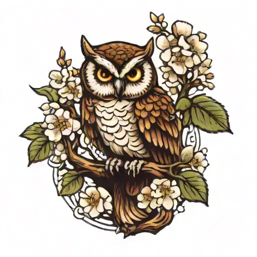 Owl On A Branch With White Flowers