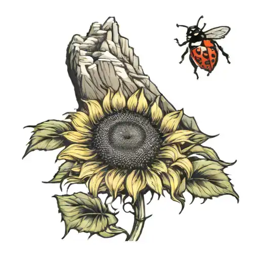 A Mountain In The Background With A Beautiful Sunflower In Front That Has A Lady Bug On The Flower