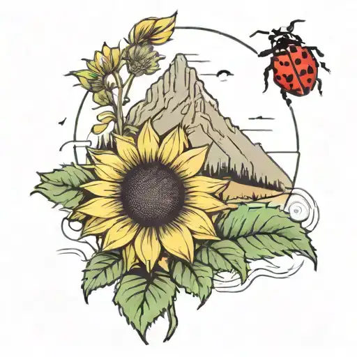 A Mountain In The Background With A Beautiful Sunflower In Front That Has A Lady Bug On The Flower