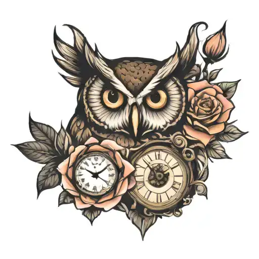 Owl And Clock And Rose