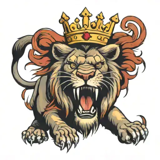 Ferocious Roaring Lion With Crown On Head Surrounded
