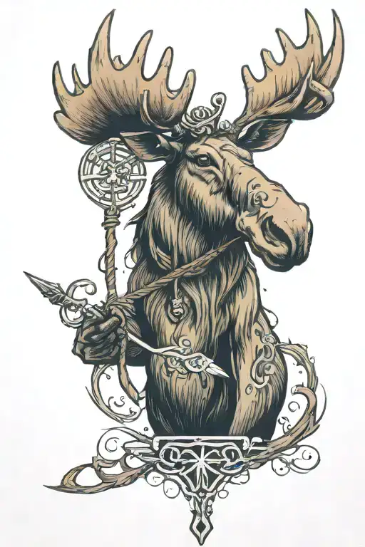Moose Holding A Caduceus Staff Symbol