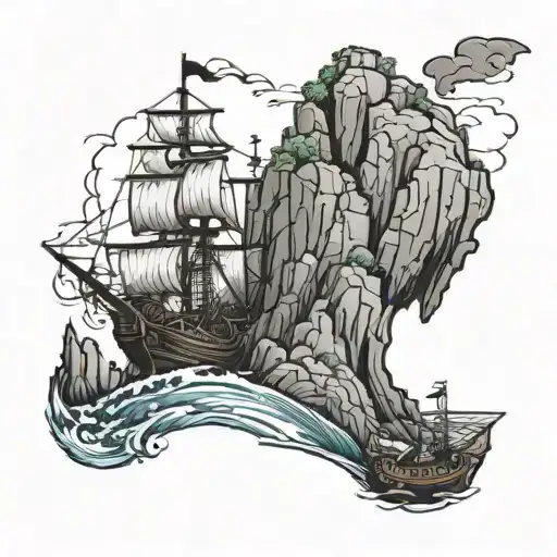 Cliff Overlooking The Ocean With A Pirate Ship