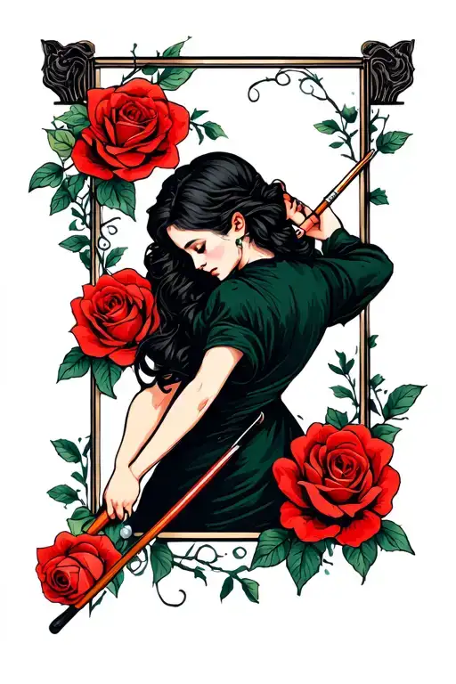 Virgo Woman Shooting Pool Cue With Roses And Vines