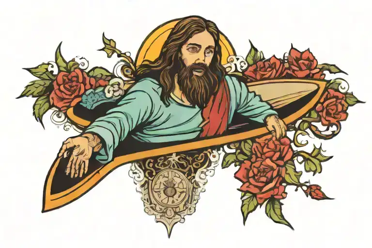 Jesus Christ Surfing On Top Of A Coffin Shaped Surfboard