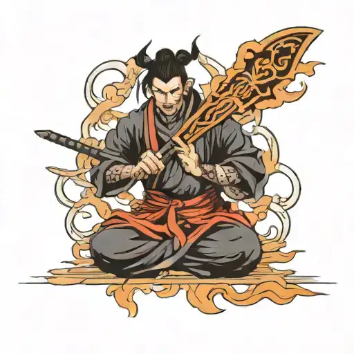 Samurai With Two Swords In His Hands Sits In The Lotus Position With Fiery Eyes