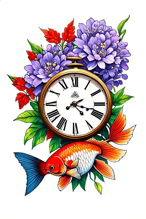 Clock And Lilac Flower And Red Fish
