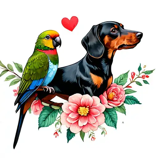 Dachshund Dog And Lovebird Perched On A Blooming