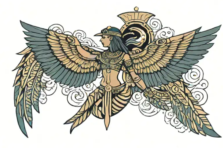 Ancient Egyptian Goddess Isis Tattoo With Wings For Lower Stomach