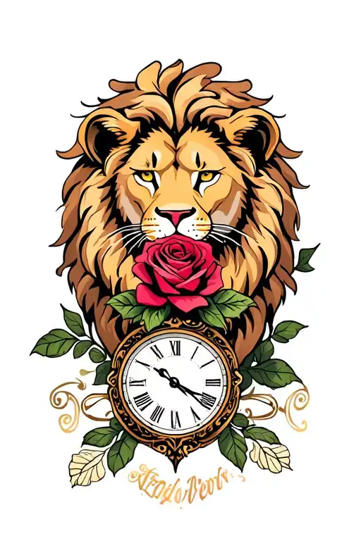 Lion With A Rose And Clock Below