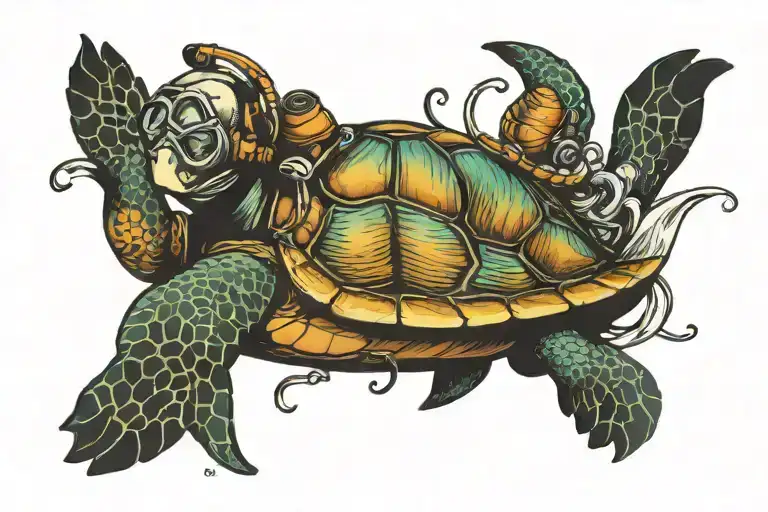Scuba Diving With Turtle Swimming