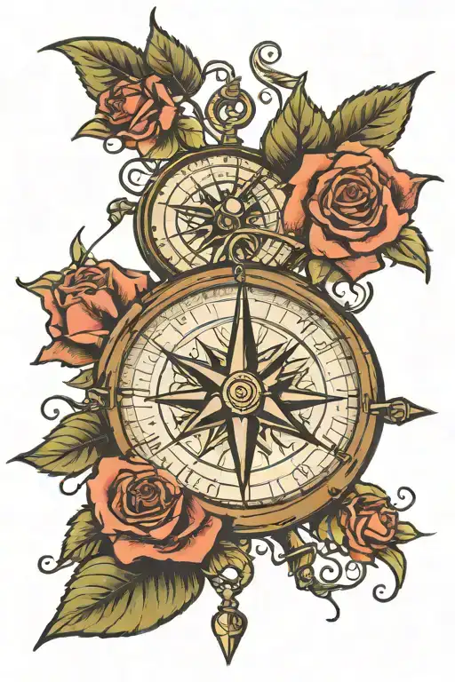 Traditional Compass Pointing North Twards A Rose Whose Stem Is Wrapping Around The Compass