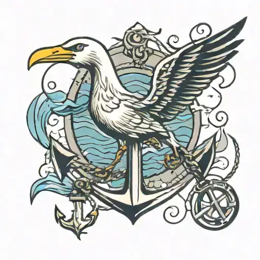 Flying Seagull Carrying Anchor Tattoo