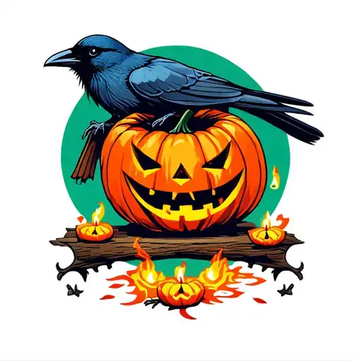 Pumpkin Halloween Crow Candles Fire Is Colored
