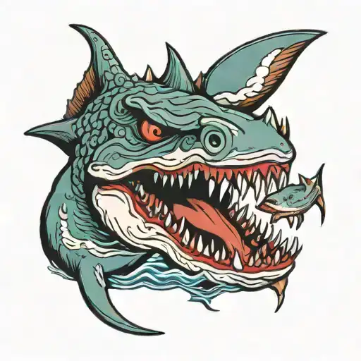 A Dragon Eating A White Shark Swimming