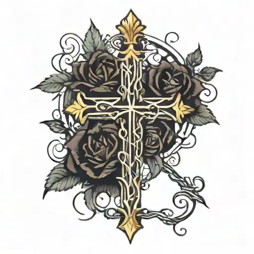 Cross Tatto With Crown Of Thorns And Flowers
