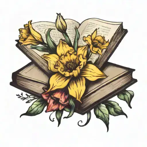 Daffodil And Tulip Bouquet Blooming Out Of A Book Open