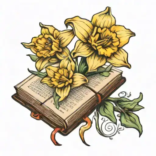 Daffodil And Tulip Bouquet Blooming Out Of A Book Pages