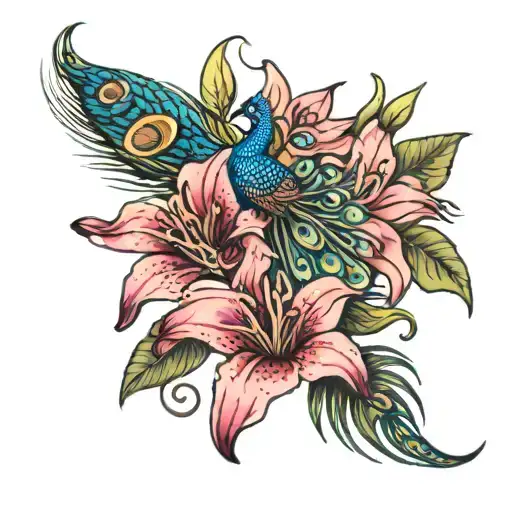 Stargazer Lily And Peacock Feather