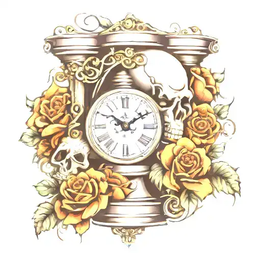 Skull Hour Glass With Skulls And Clock